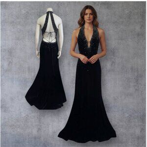 NWT NIKI by Niki Silvas Black Velvet Plunge Rhinestone Formal Maxi Dress 12